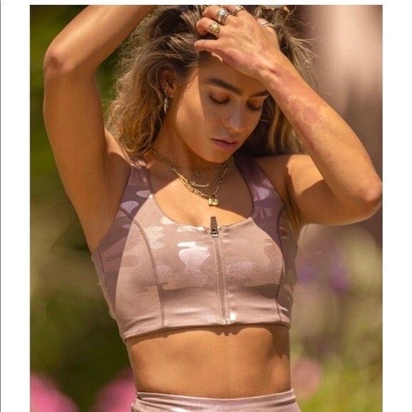 Sommer Ray Rose Gold Zip Front Active Sports Bra In Rose Gold Camo S - Picture 2 of 10